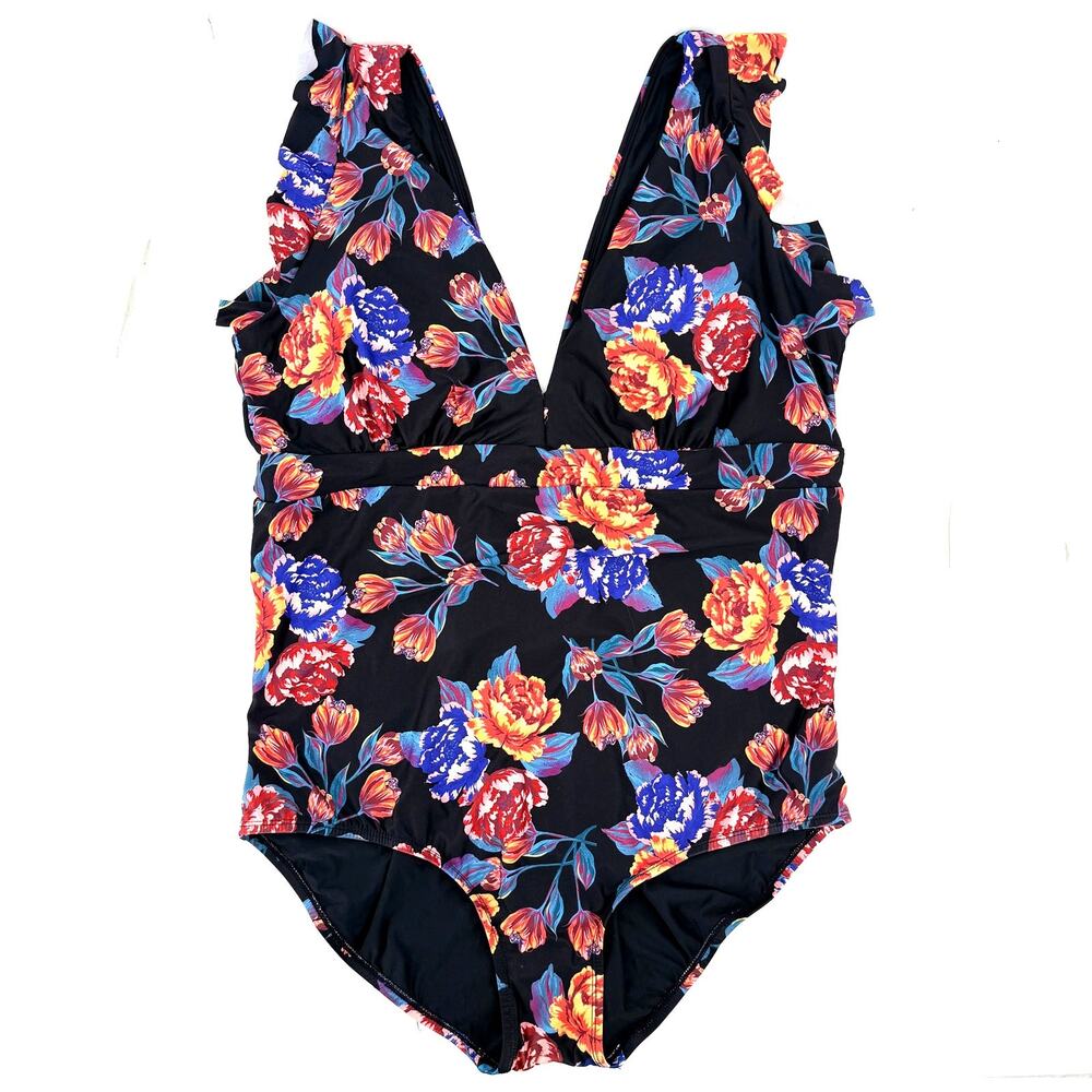 ModCloth Floral One Piece Swimsuit 2X Black Plunge Ruched